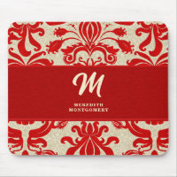 Monogrammed Ruby Red Damask Swirls
