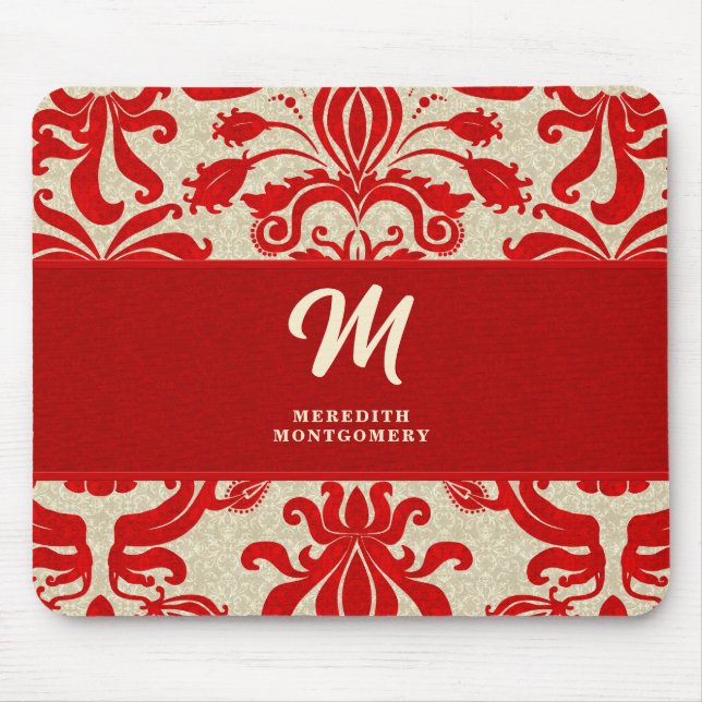 Monogrammed Ruby Red Damask Swirls Mouse Pad (Front)