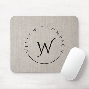 Monogrammed Rustic Beige Linen Elegant Script Mouse Pad