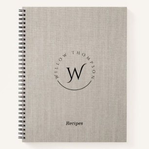 Monogrammed Rustic Beige Linen Script Recipe Notebook