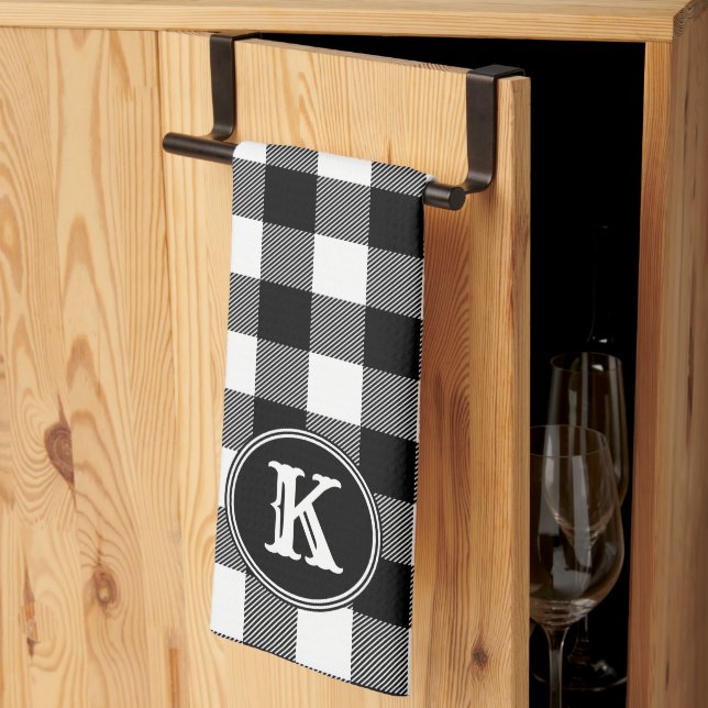 Monogrammed Rustic Black White Buffalo Plaid Kitchen Towel (Thirds Fold)