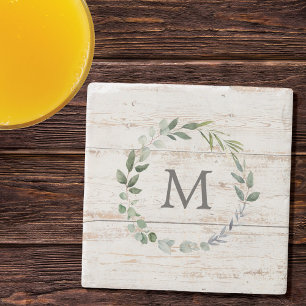 Monogrammed Rustic Green Sage Leaf Wreath Stone Coaster