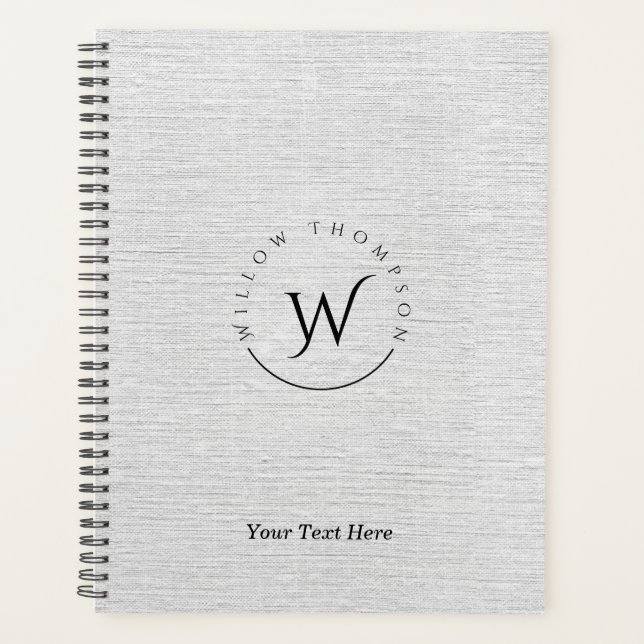 Monogrammed Rustic Grey Linen Elegant Script Planner (Front)