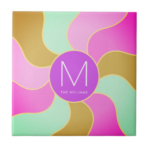 Monogrammed Rustic Retro Colourful Sun Wave Tile