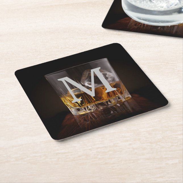 Monogrammed Rustic Whiskey Glass Square Paper Coaster (Angled)