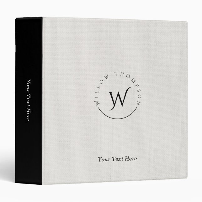 Monogrammed Rustic White Linen Elegant Script  Binder (Front/Spine)