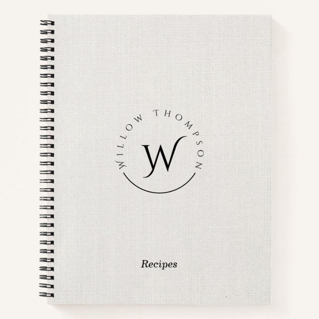 Monogrammed Rustic White Linen Script Recipe Notebook (Front)