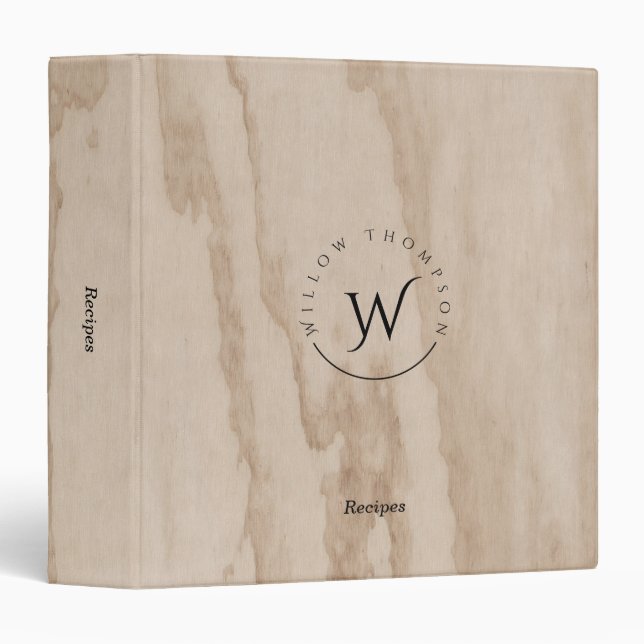 Monogrammed Rustic Wood Texture Elegant Recipe Binder (Front/Spine)