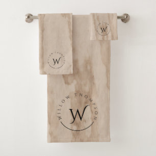 Monogrammed Rustic Wood Texture Elegant Script Bath Towel Set