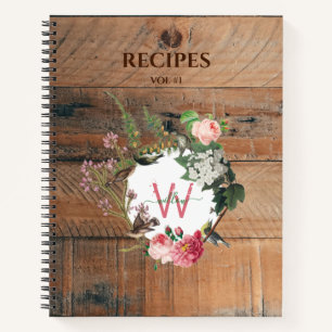 Monogrammed Rustic Wood Vintage Flowers Recipes Notebook