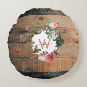 Monogrammed Rustic Wood Vintage Flowers Round Pillow