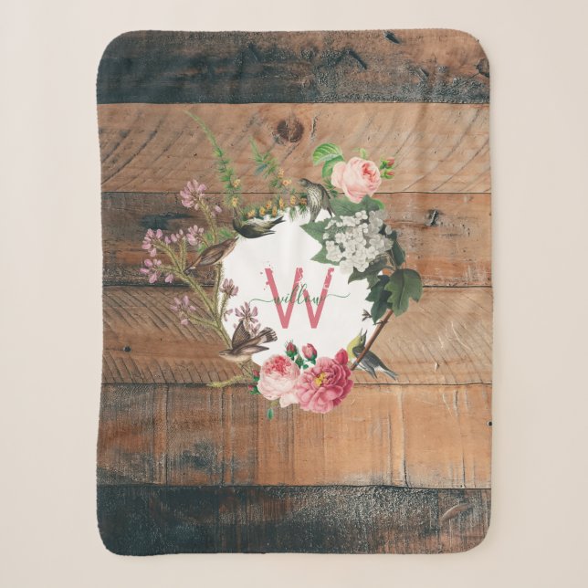 Monogrammed Rustic Wood Vintage Flowers Sherpa Blanket (Front)