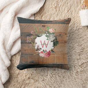 Monogrammed Rustic Wood Vintage Flowers Throw Pillow