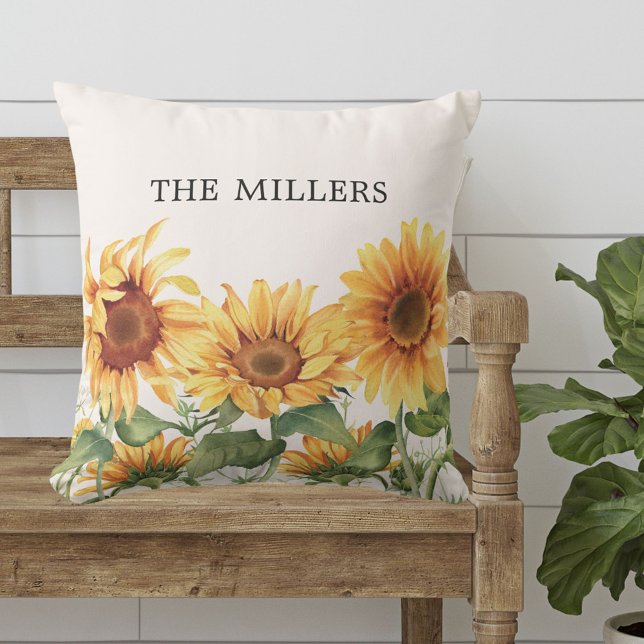 Monogrammed Rustic Yellow Sunflower Garden Outdoor Pillow (In situ)