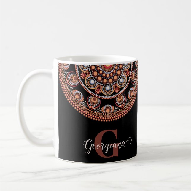 Monogrammed Safari Sunset Bohemian Dot Mandala Coffee Mug (Left)