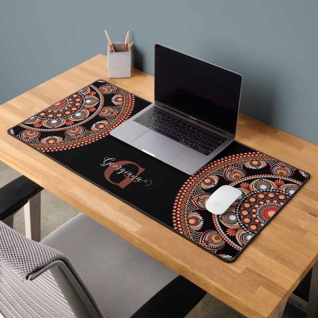 Monogrammed Safari Sunset Bohemian Dot Mandala Desk Mat (Office 2)