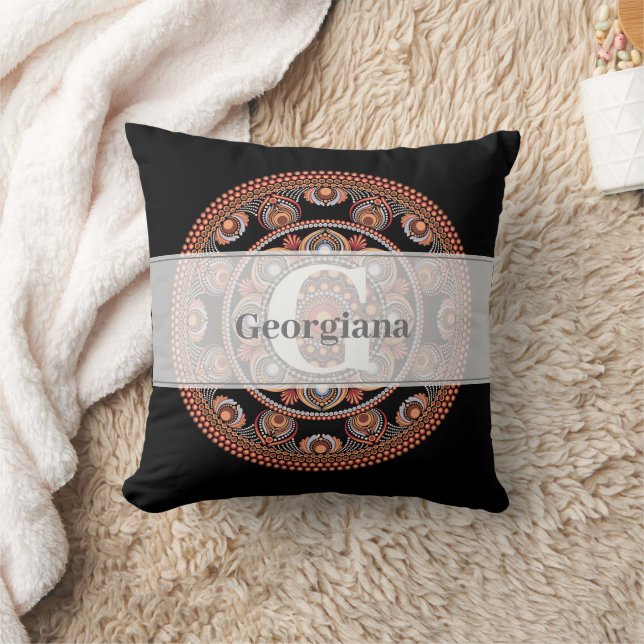 Monogrammed Safari Sunset Bohemian Dot Mandala Throw Pillow (Blanket)