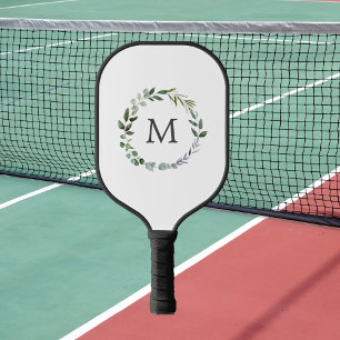 Monogrammed Sage Green Leaves Greenery Wreath  Pickleball Paddle