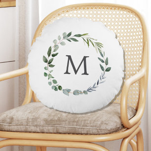 Monogrammed Sage Green Leaves Greenery Wreath Round Pillow