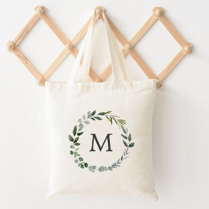 Monogrammed Sage Green Leaves Greenery Wreath  Tote Bag