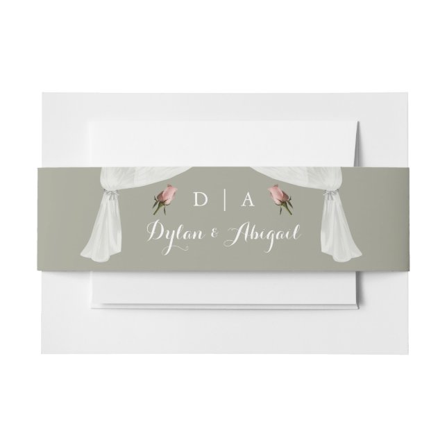 Monogrammed Sage w/Roses Wedding Belly Band Invitation Belly Band (Front Example)