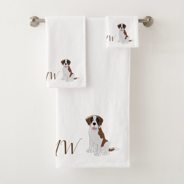 Monogrammed Saint Bernard Dog Design Bath Towel Set (Insitu)
