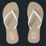 Monogrammed sand dollar beach wedding flip flops<br><div class="desc">Personalized beach wedding flip flops for bride and groom or guests. Elegant party favour set with custom last name or monogram and vintage sand dollar icon. Custom background and strap colour for him and her / men and women. Romantic khaki beige and white his and hers wedge sandals with stylish...</div>