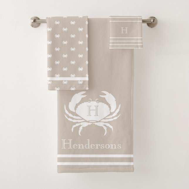 Monogrammed Sand taupe tan White Crab Nautical  Bath Towel Set (Insitu)
