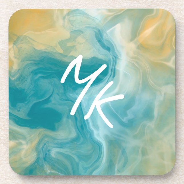 Monogrammed Sandy Brown Ocean Blue Fluid Art  Coaster (Front)