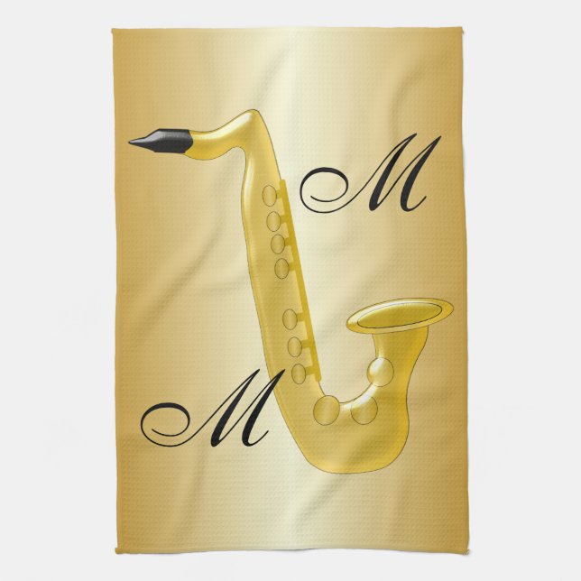 Monogrammed Saxophone Gold Coloured Kitchen Towel (Vertical)
