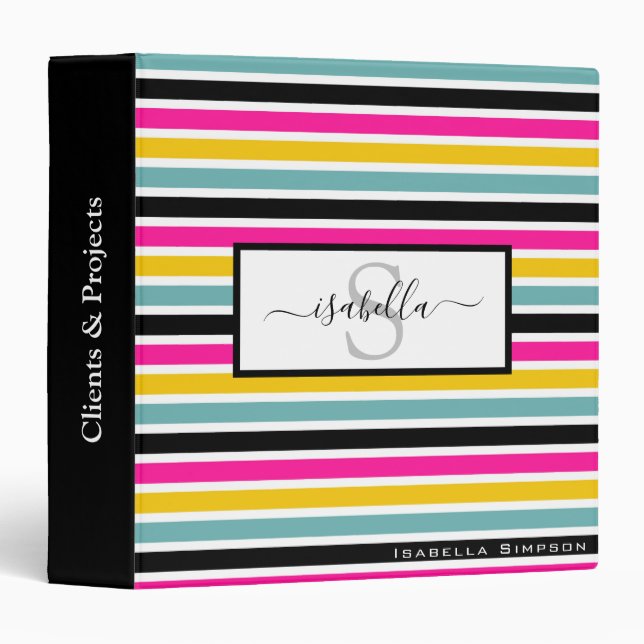 Monogrammed Script Teal Pink Black Yellow Stripe Binder (Front/Spine)