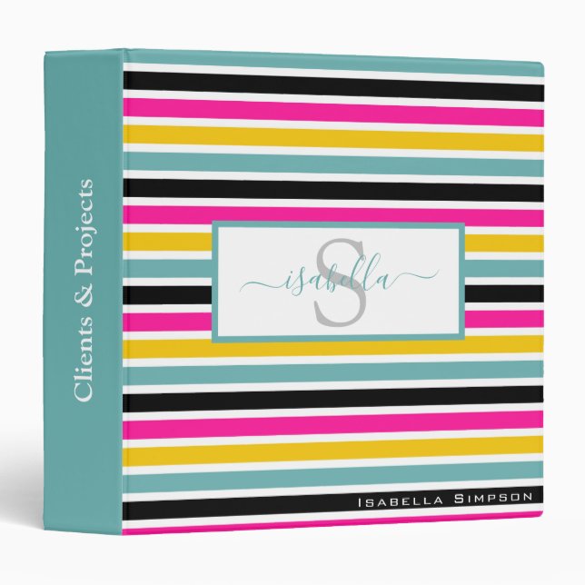 Monogrammed Script Teal Pink Black Yellow Stripe Binder (Front/Spine)