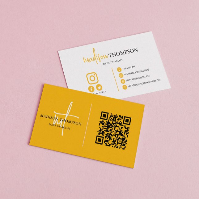 Monogrammed Script Typography Mustard QR Code Business Card (Creator Uploaded)
