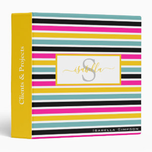 Monogrammed Script Yellow Teal Pink Black Stripe Binder
