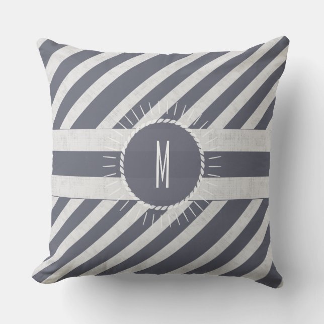 Monogrammed Seas the Day Bold Nautical Navy Stripe Outdoor Pillow (Front)