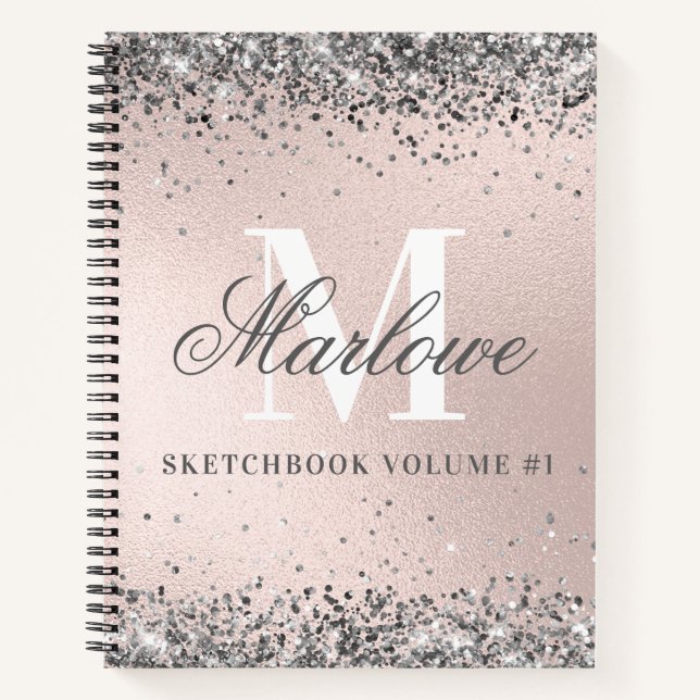 Monogrammed Silver Glitter Blush Pink Sketchbook Notebook (Front)
