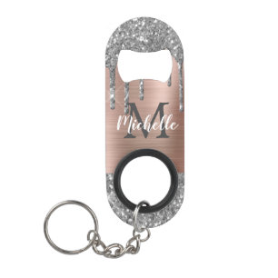 Monogrammed Silver Glitter Drips Rose Gold Metal Keychain Bottle Opener