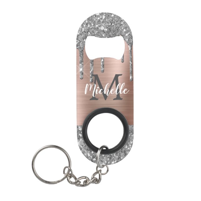 Monogrammed Silver Glitter Drips Rose Gold Metal Keychain Bottle Opener (Front)