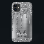 Monogrammed Silver Grey Glitter Drips Gold Metal iPhone 11 Case<br><div class="desc">Modern,  girly silver grey glitter drips name and monogrammed iphone case. This design features silver grey glitter sparkle drips on grey brushed metal background with custom personalized monogram initial and first name text template. Perfect feminine gift. If you need help or matching items,  please contact to me.</div>