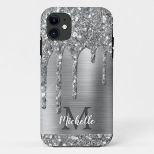 Monogrammed Silver Grey Glitter Drips Gold Metal iPhone 11 Case