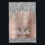 Monogrammed Silver Grey Glitter Drips Pink Metal Kitchen Towel<br><div class="desc">Modern, girly silver glitter drips name and monogrammed kitchen towel. This design features silver grey (grey) glitter sparkle drips on pink brushed metal background with custom personalized monogram initial and first name text template. Perfect feminine gift. Please note, this design is printed photo effect. If you need help or matching...</div>