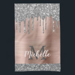 Monogrammed Silver Grey Glitter Drips Pink Metal Kitchen Towel<br><div class="desc">Modern, girly silver glitter drips name and monogrammed kitchen towel. This design features silver grey (grey) glitter sparkle drips on pink brushed metal background with custom personalized monogram initial and first name text template. Perfect feminine gift. Please note, this design is printed photo effect. If you need help or matching...</div>