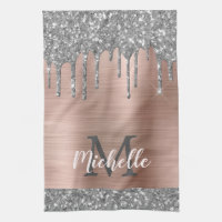 Monogrammed Silver Grey Glitter Drips Pink Metal