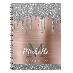 Monogrammed Silver Grey Glitter Drips Pink Metal Notebook