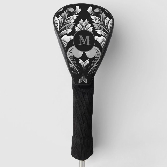 Monogrammed Silver Leaf Floral Golf Head Cover (Front)