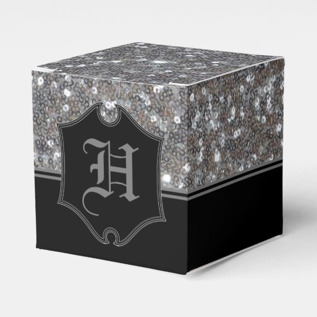 Monogrammed Silver Sparkle Faux Glitter Cube Favor Box (Front Side)
