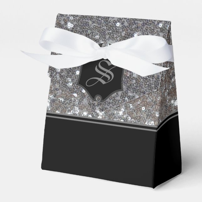 Monogrammed Silver Sparkle Faux Glitter Tent Favor Box (Front Side)
