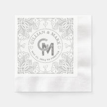Monogrammed Silver Wedding Napkins Heart Border 