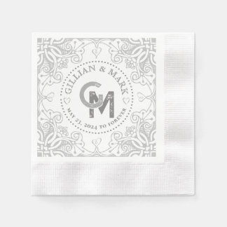 Monogrammed Silver Wedding Napkins Heart Border 