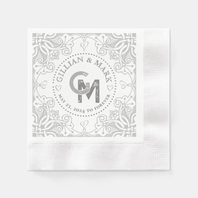 Monogrammed Silver Wedding Napkins Heart Border  (Front)